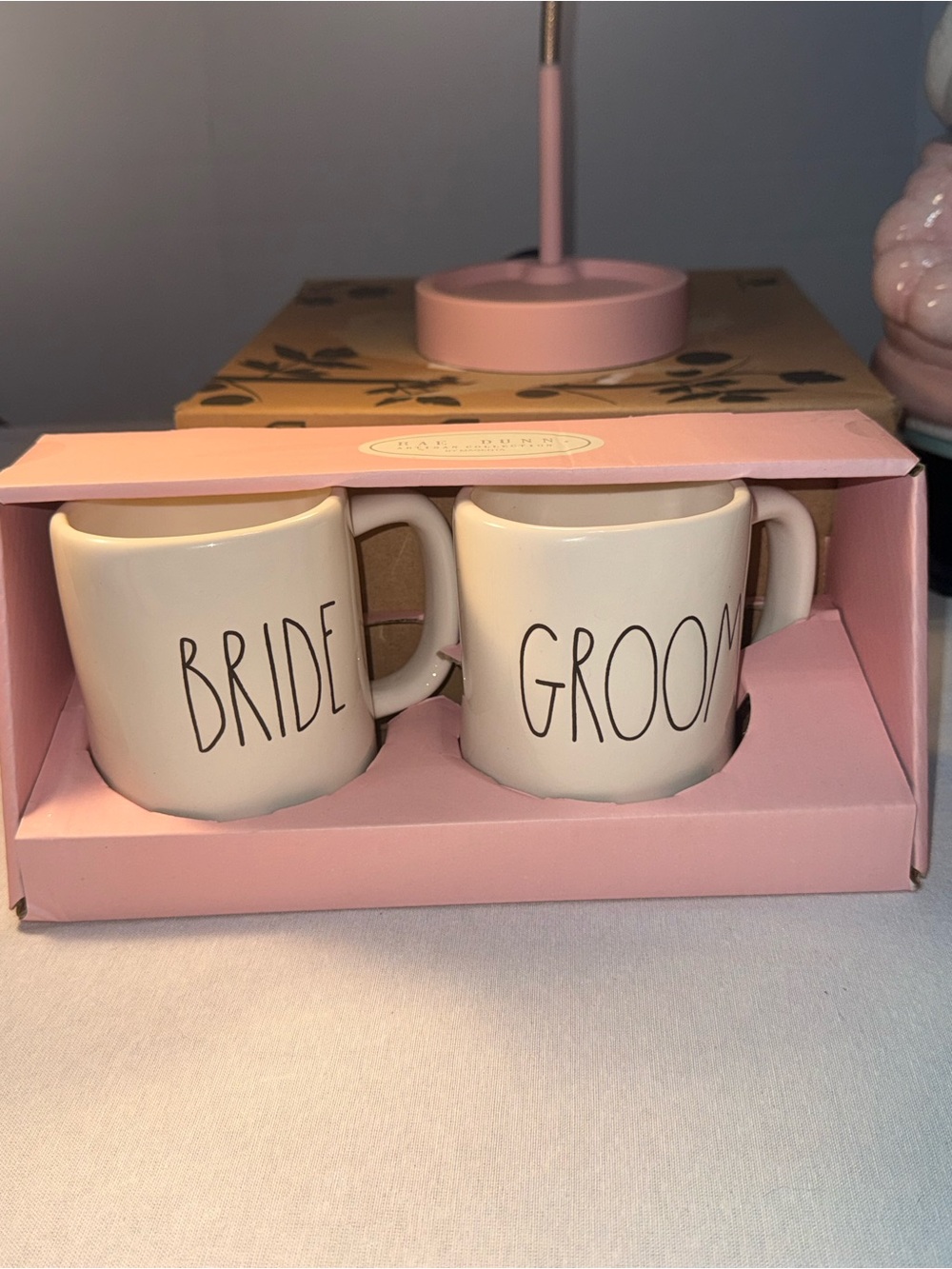 Rae Dunn Bride & Groom Ceramic Mug Set - White and Pink